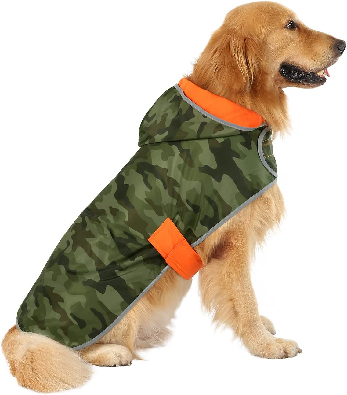 Reversible Hooded Dog Raincoat Slicker Poncho for Small Medium Large Dogs - Camo Orange - L - Polyester