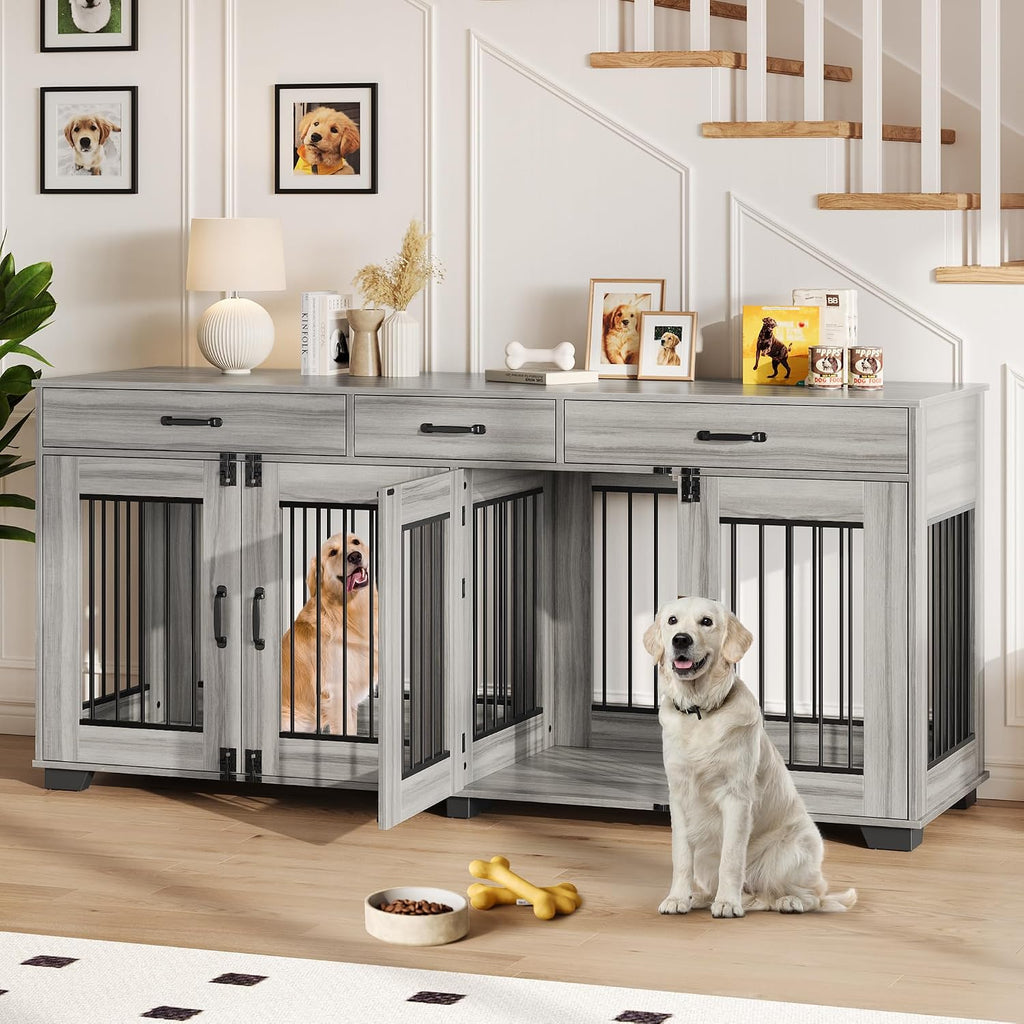 71'' Dog Crate Furniture, Double Wooden Dog Crate for 2 Dogs, Heavy Duty Dog Kennel Furniture as TV Stand with Divider for Small/Medium/Large Dogs