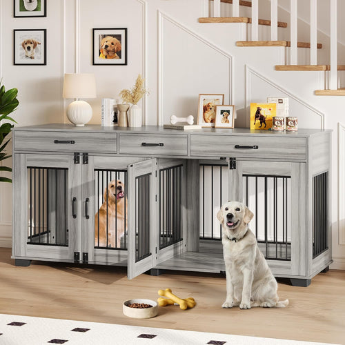 71'' Dog Crate Furniture, Double Wooden Dog Crate for 2 Dogs, Heavy Duty Dog Kennel Furniture as TV Stand with Divider for Small/Medium/Large Dogs