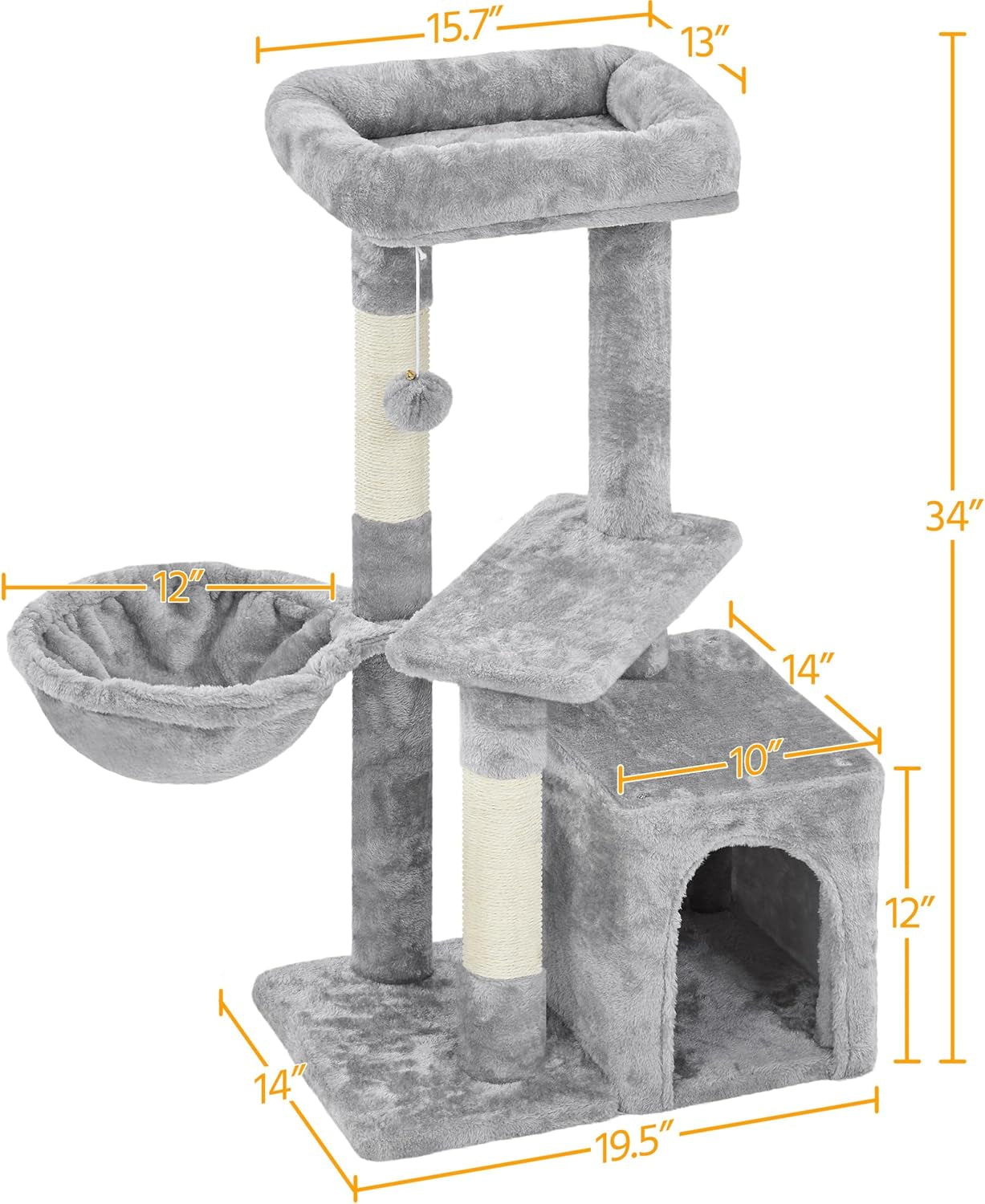 34In Small Cat Tree W/Condo & Basket for Indoor Cats, Light Gray | Scratching Posts, Soft Plush Platform & Window Perch, for Kittens & Small-Medium Cats up to 11 Lb, Easy to Assemble