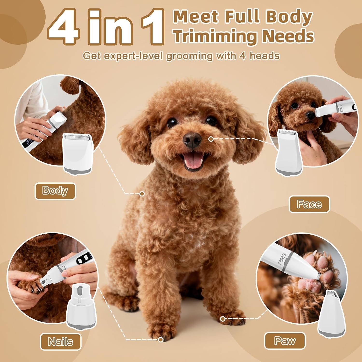 4 in 1 Dog Clippers Grooming Kit with LED Display, Cordless Dog Quiet Hair Trimmer for Paw Nail Grinder, Rechargeable 2-Speed Cat Clippers Face Shaver for Paw Nail Body Ear