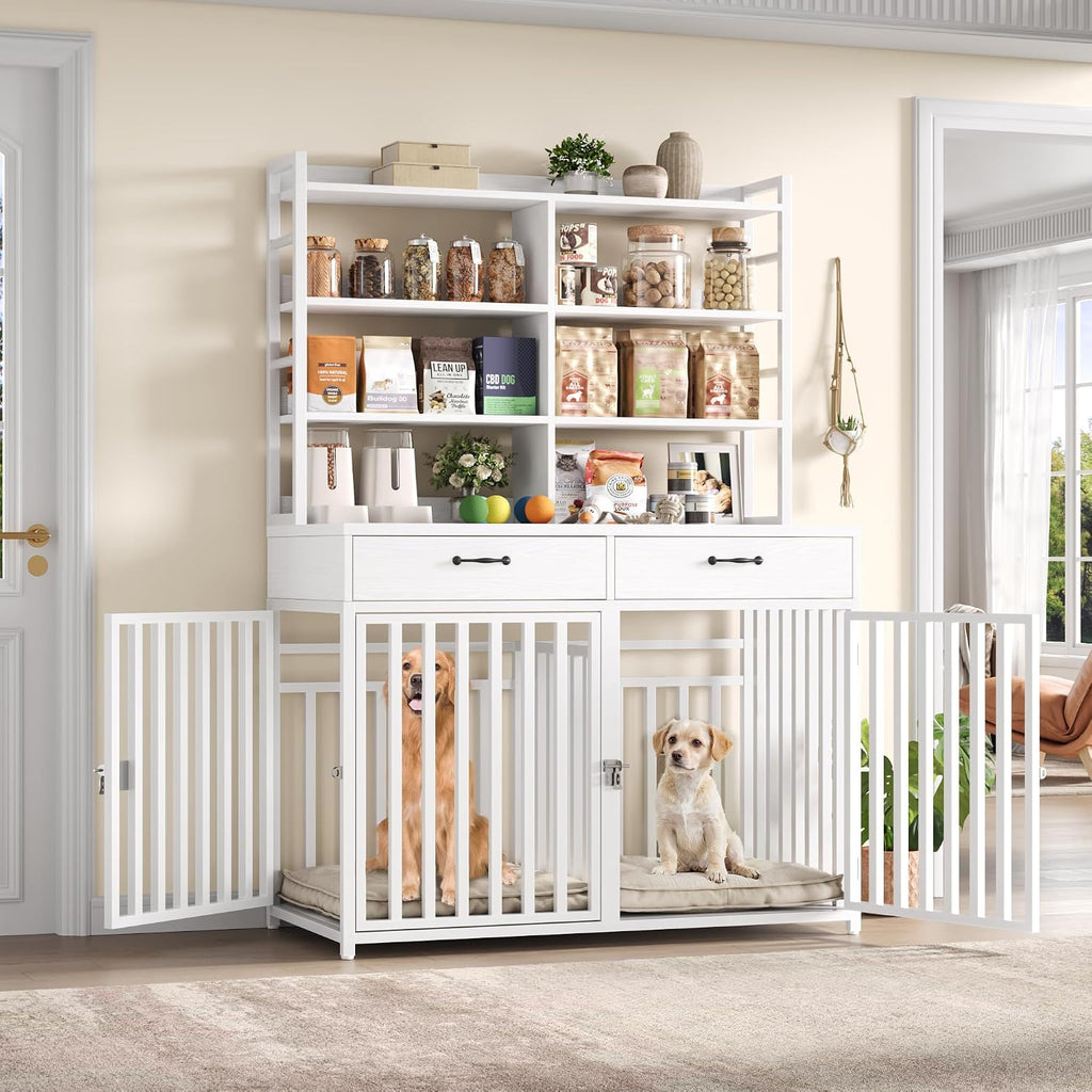 71''H X 47.2''W Large Dog Crate Furniture with 4-Tier Shelves and 2 Storage Drawers, Heavy Duty Dog Cage Furniture with 2 Doors, Wood & Metal Dog Kennel Indoor for Small/Medium/Large Dog, White