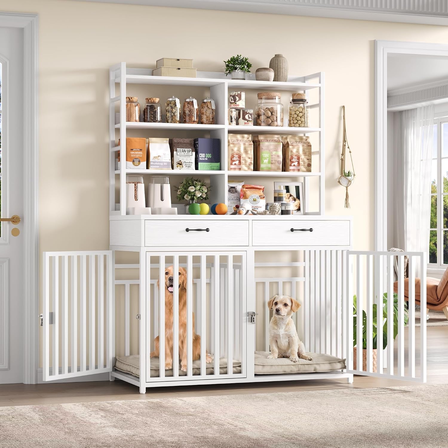 71''H X 47.2''W Large Dog Crate Furniture with 4-Tier Shelves and 2 Storage Drawers, Heavy Duty Dog Cage Furniture with 2 Doors, Wood & Metal Dog Kennel Indoor for Small/Medium/Large Dog, White