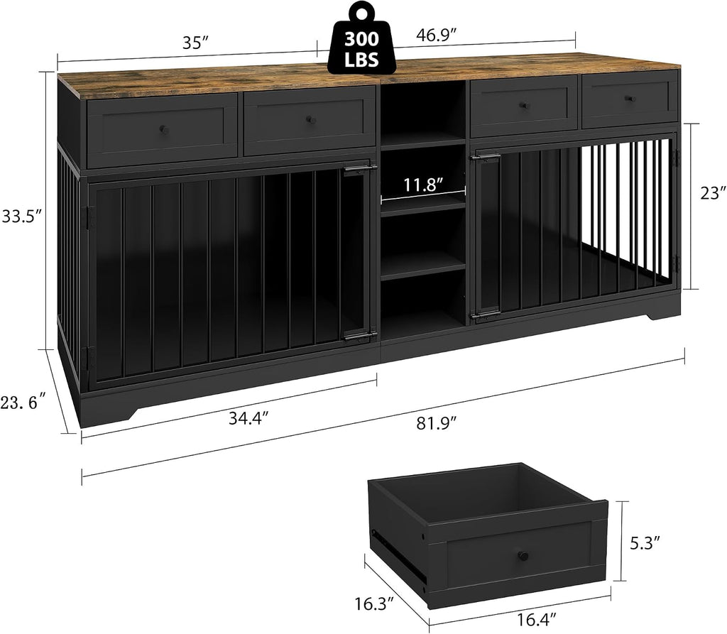 82" Double Dog Crate Furniture with Drawers and Shelves, Black | Heavy Duty Wooden Dog Crate TV Stand, Large Dog Kennel Indoor for 2 Medium/Large Dogs