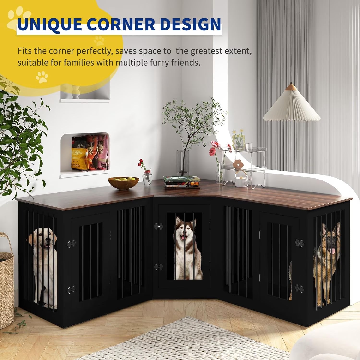 113" Large Dog Crate Furniture for 3 Dogs, Corner Dog Crate with Divider, Wooden Indoor Dog Kennel Furniture, Dog Crate Cage for Large Medium Small Dogs, Combined in 3 Ways