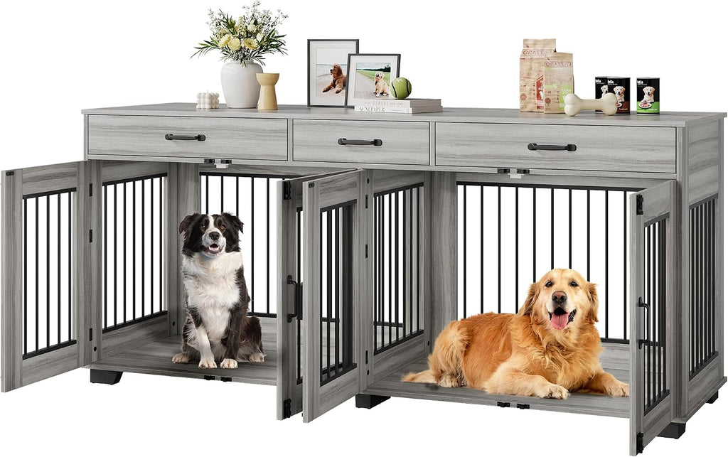 71'' Dog Crate Furniture, Double Wooden Dog Crate for 2 Dogs, Heavy Duty Dog Kennel Furniture as TV Stand with Divider for Small/Medium/Large Dogs