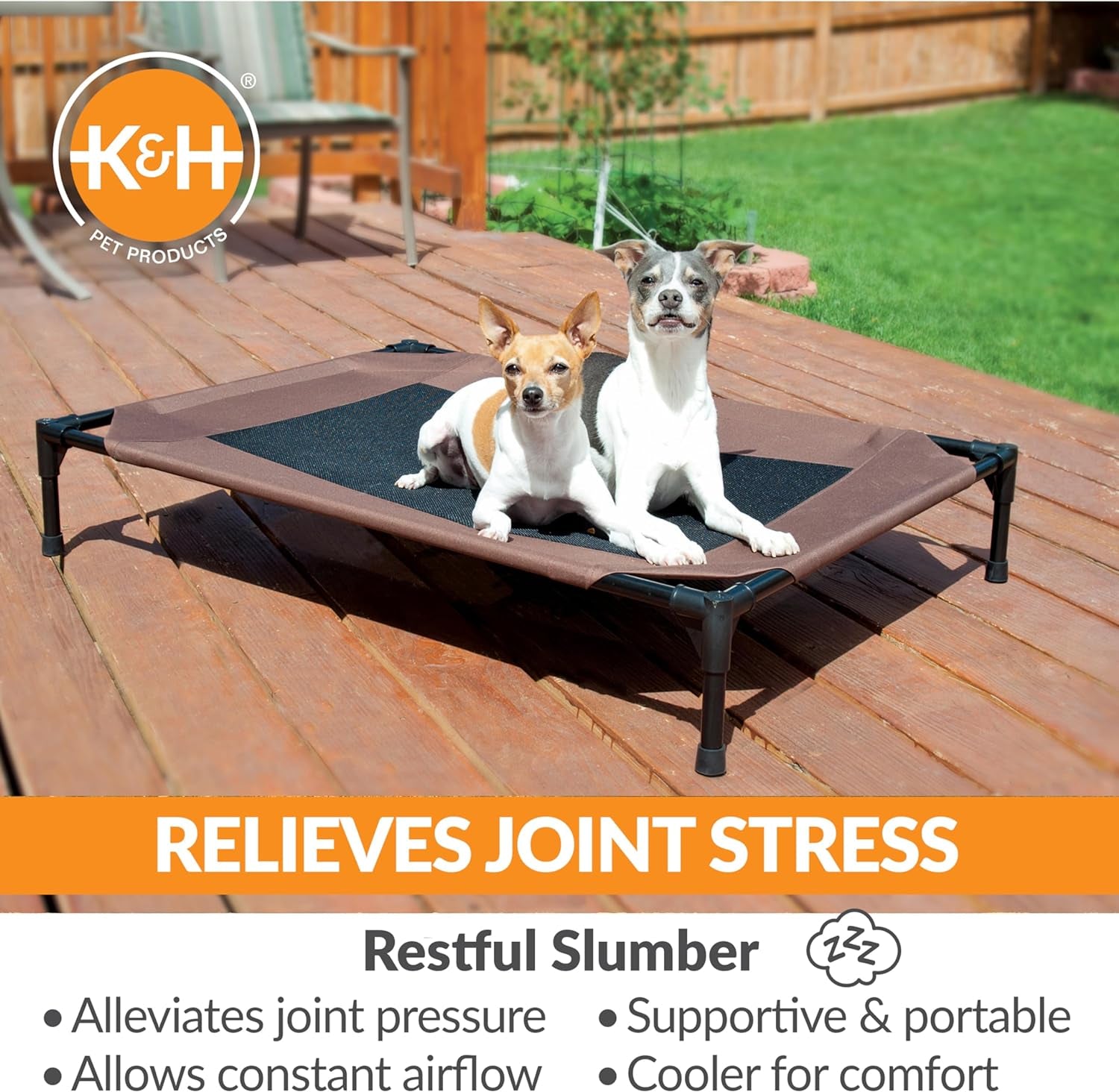 K&H Outdoor Elevated Dog Bed - Cooling Raised Dog Bed for Medium & Large Pets, Breathable Mesh Center Hammock Design, Indoor/Outdoor Washable Cover, Portable Metal Frame, Chocolate, Large 42X30In