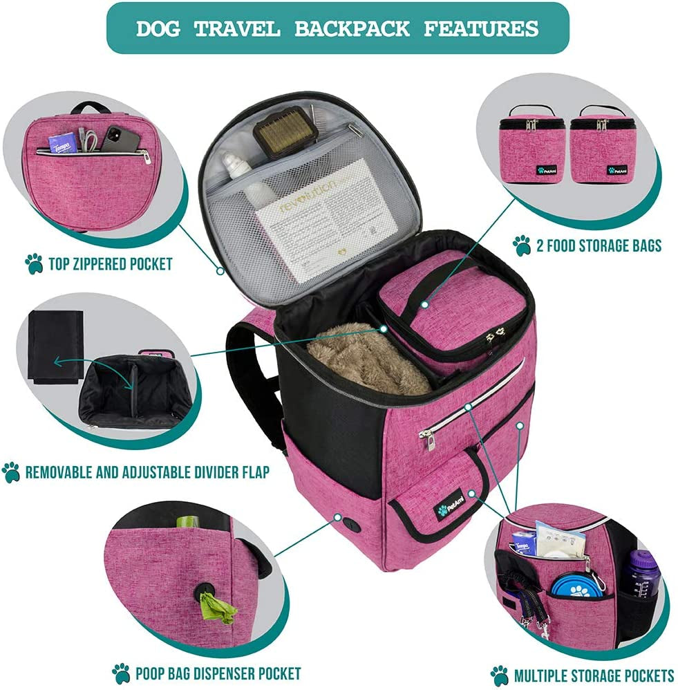 Dog Travel Backpack 27L Airline Approved Pet Supplies Bag, Pink | Cat Traveling Suitcase Organizer for Weekend Road Trip Camping; 2 Food Containers, 2 Collapsible Bowls & Poop Bag Dispenser