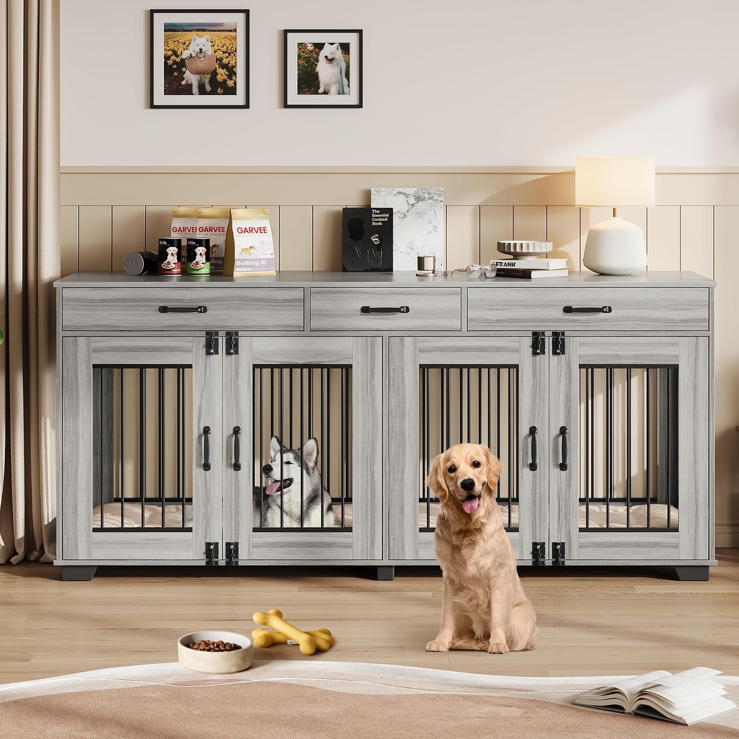 71'' Dog Crate Furniture, Double Wooden Dog Crate for 2 Dogs, Heavy Duty Dog Kennel Furniture as TV Stand with Divider for Small/Medium/Large Dogs
