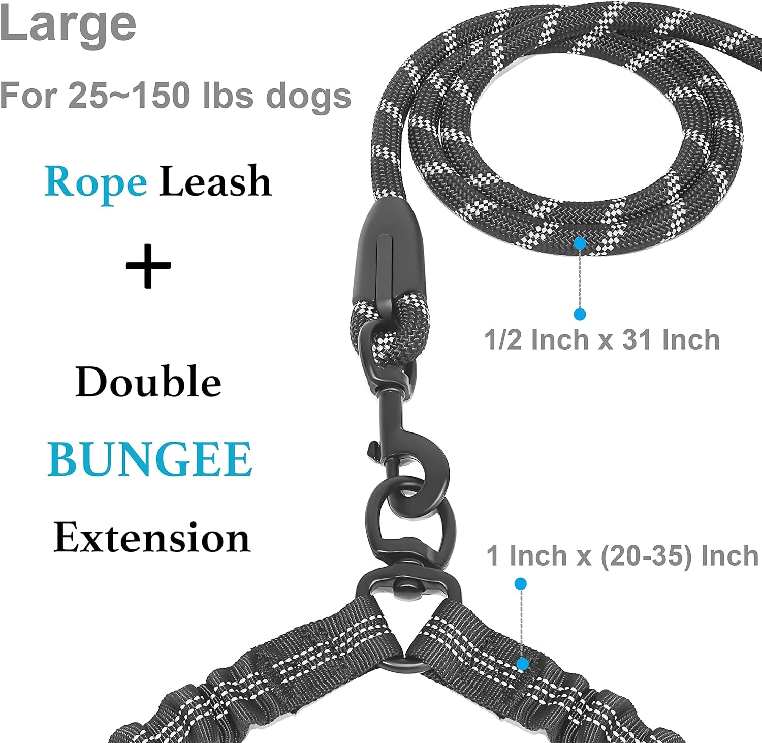 Double Dog Leash, 360° Swivel, No Tangle, Large, 25-150 Lbs, Black | Dual Leash for Two Dogs, Split Leash, Shock-Absorbing Bungee, Padded Handle, Heavy-Duty Rope