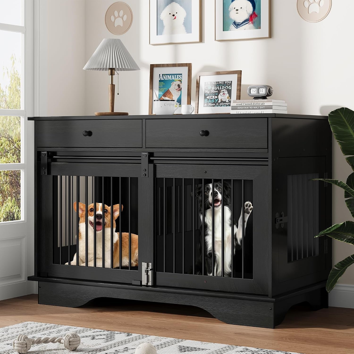 Dog Furniture Crate, 47" Large Dog Crate Furniture W/ 2 Storage Draws & Removable Divider for Large/Medium/Small Dogs