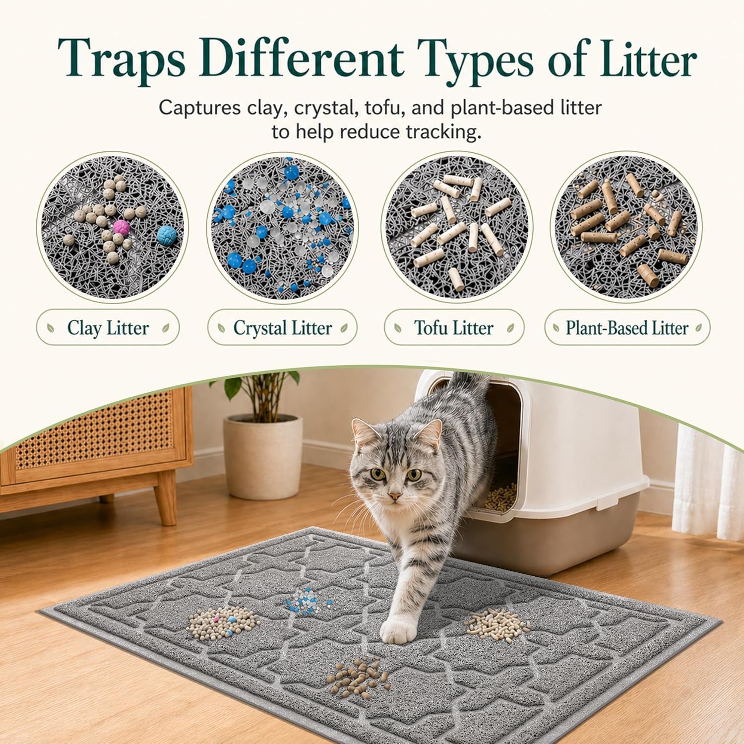 Cat Litter Mat, Easy Clean Trapping PVC Mat, 35.4" X 23.6", Waterproof Backing, Non Slip Bottom, Scatter Control Pad for Litter Box, Dark Grey