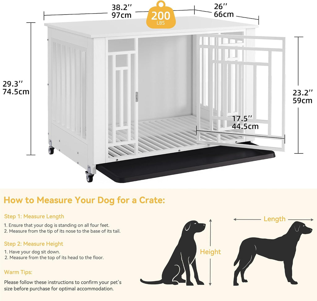 76" Double Dog Crate Furniture for 2 Large Medium Dogs Chew-Resistant | Heavy Duty Dog Kennel Indoor TV Stand with Wheels, Decorative Wooden Dogs Cage Table with Removable Tray, White