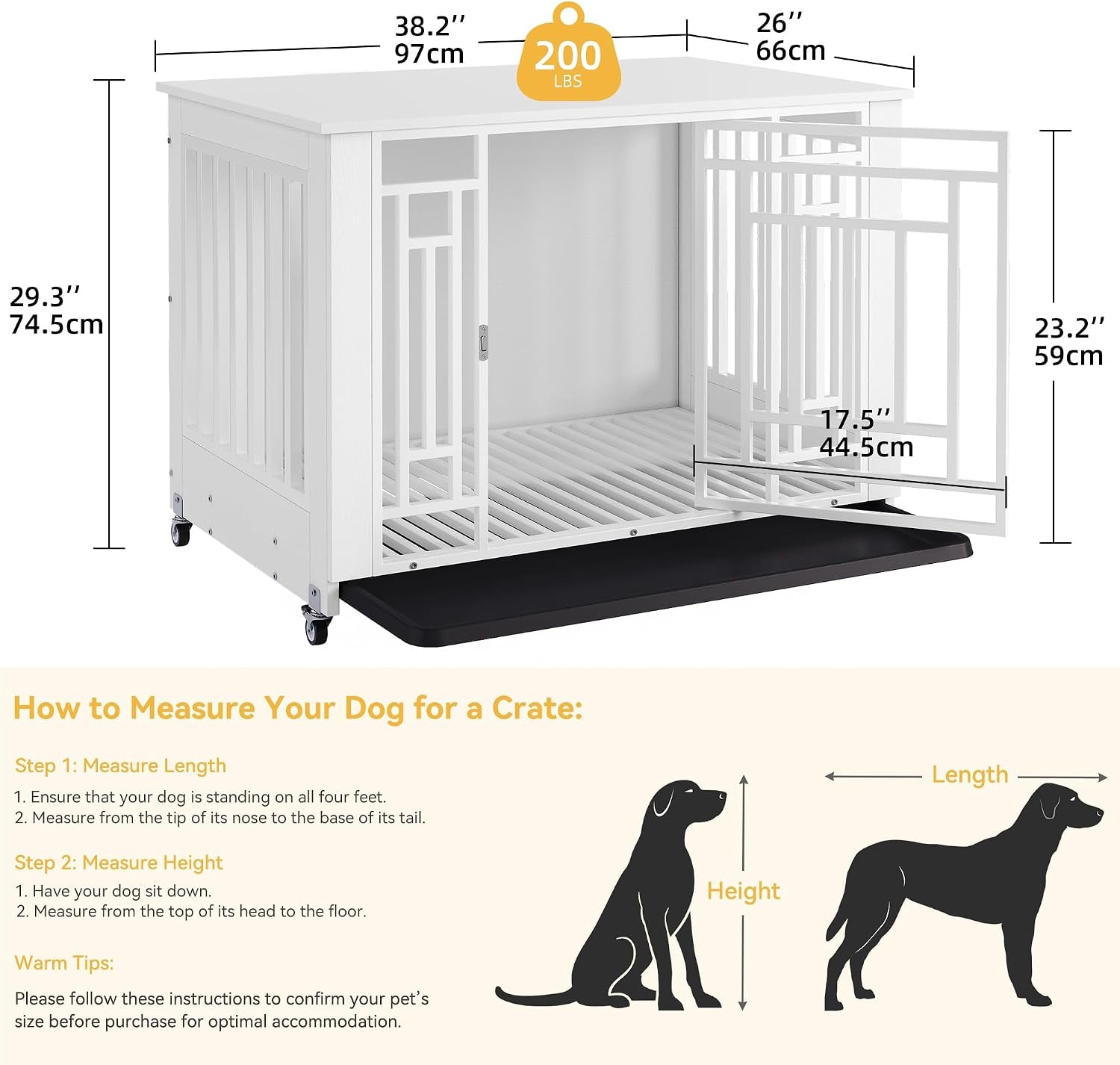 76" Double Dog Crate Furniture for 2 Large Medium Dogs Chew-Resistant | Heavy Duty Dog Kennel Indoor TV Stand with Wheels, Decorative Wooden Dogs Cage Table with Removable Tray, White