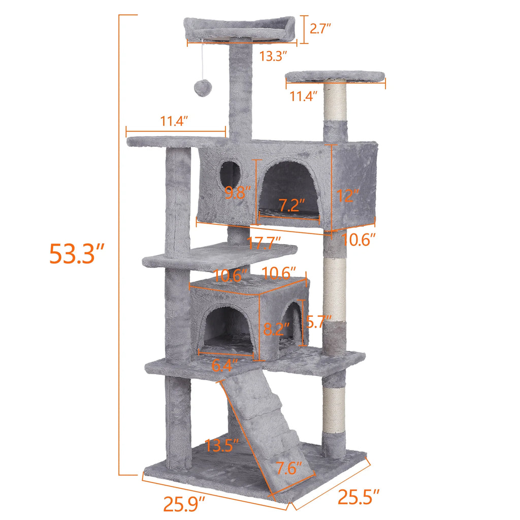55-In H Cat Tree & Condo Scratching Post Tower, Light Gray