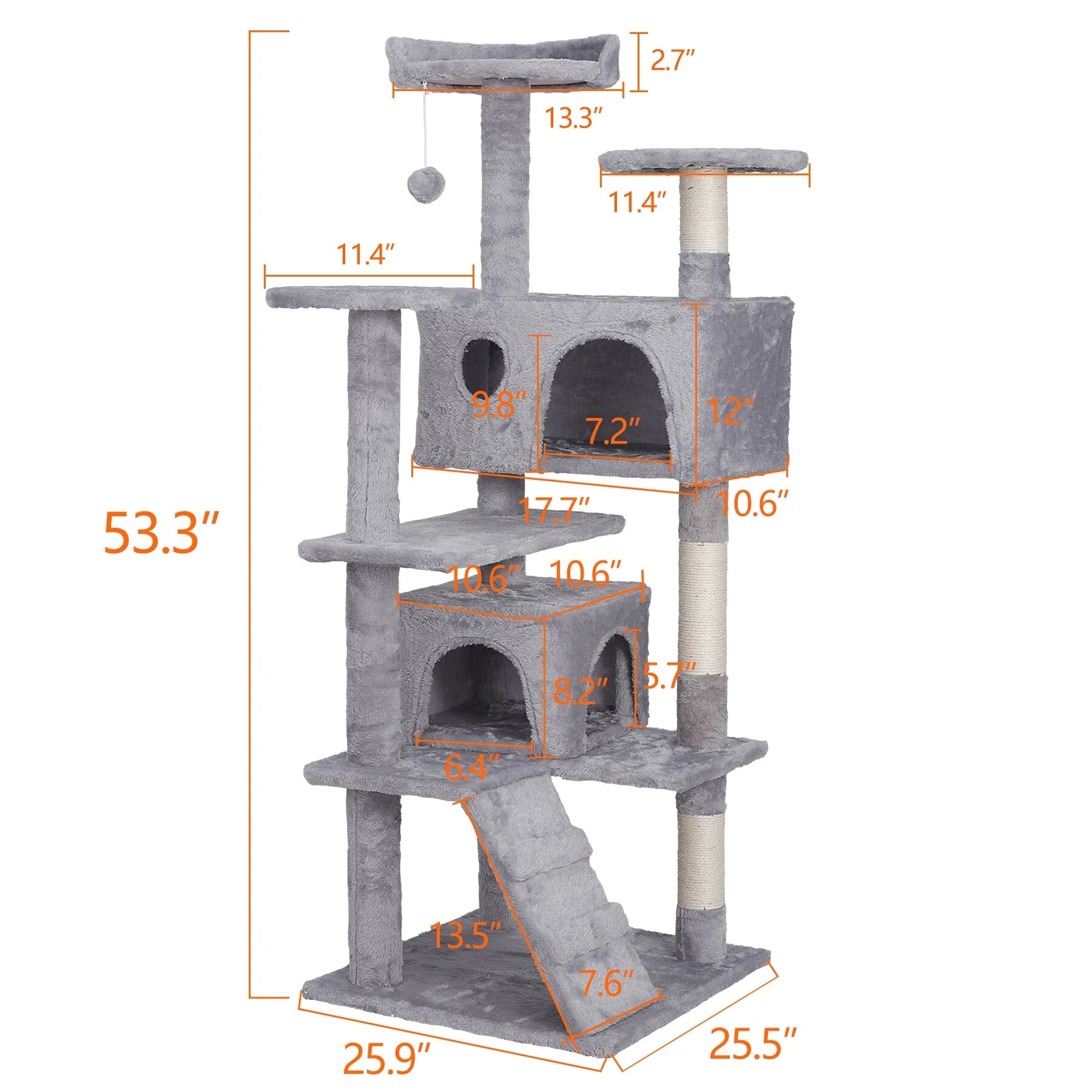 55-In H Cat Tree & Condo Scratching Post Tower, Light Gray