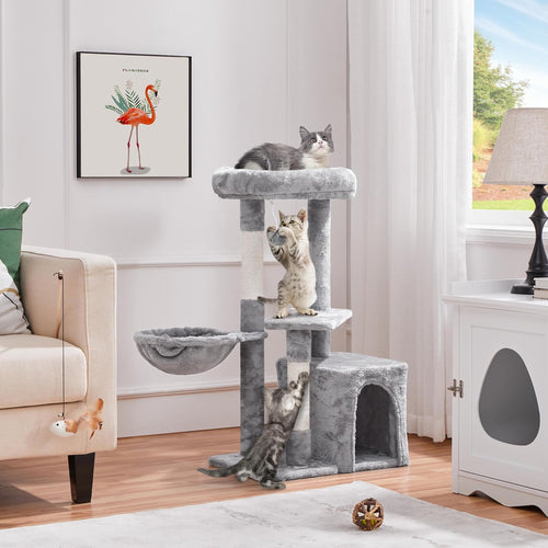 34In Small Cat Tree W/Condo & Basket for Indoor Cats, Light Gray | Scratching Posts, Soft Plush Platform & Window Perch, for Kittens & Small-Medium Cats up to 11 Lb, Easy to Assemble