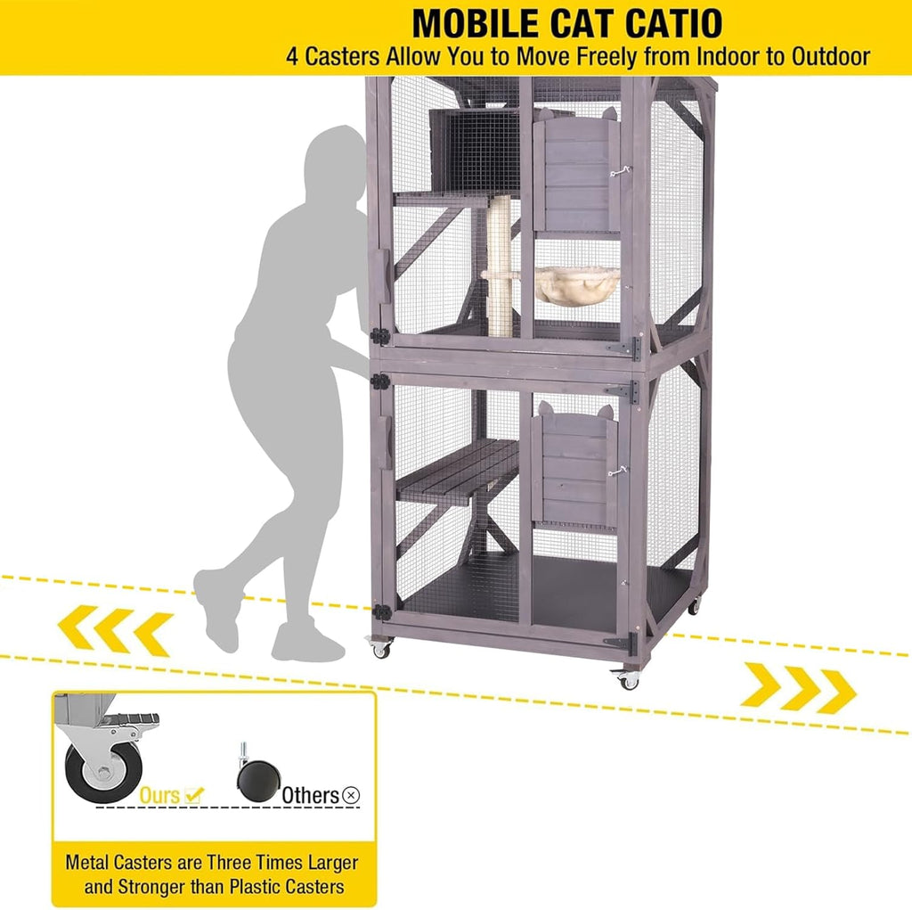 Cat House Outdoor Cat Catio Wooden Large Enclosure with Run on Wheels 70.9" Upgraded Version Catio with Reinforcement Strip,Waterproof Roof (Grey)