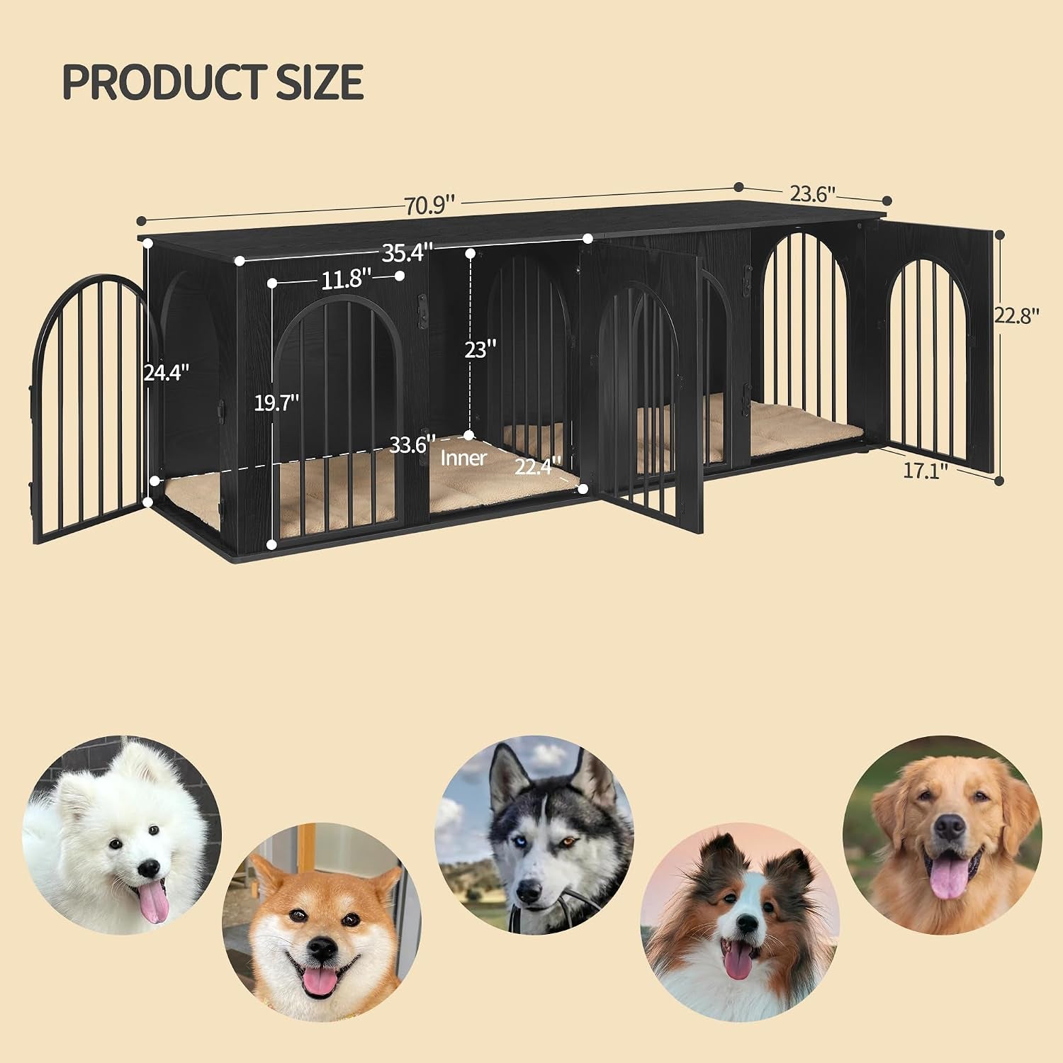 70.9" Double Dog Crate Furniture, Dog Kennel Indoor with Cushion | Heavy Duty Dog Crate Furniture for 2 Dogs,Dog Cage End Table TV Stand with Divider for Med-Large Dogs,Black DFC81904B