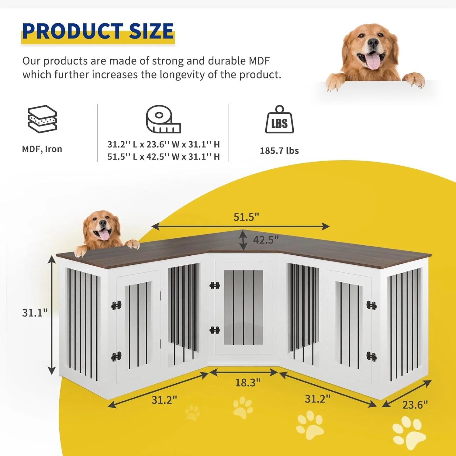 113" Large Dog Crate Furniture for 3 Dogs, Corner Dog Crate with Divider, Wooden Indoor Dog Kennel Furniture, Dog Crate Cage for Large Medium Small Dogs, Combined in 3 Ways