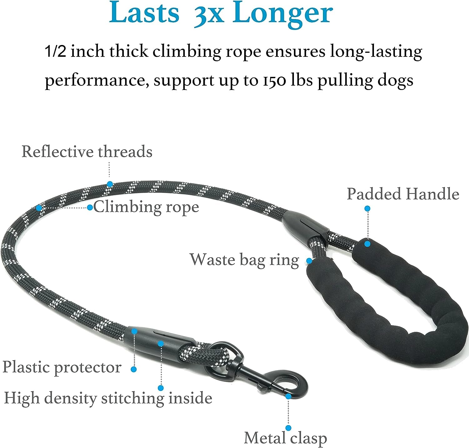 Double Dog Leash, 360° Swivel, No Tangle, Large, 25-150 Lbs, Black | Dual Leash for Two Dogs, Split Leash, Shock-Absorbing Bungee, Padded Handle, Heavy-Duty Rope