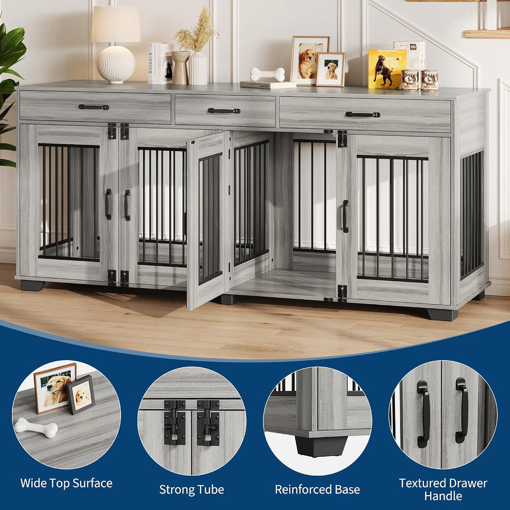 71'' Dog Crate Furniture, Double Wooden Dog Crate for 2 Dogs, Heavy Duty Dog Kennel Furniture as TV Stand with Divider for Small/Medium/Large Dogs