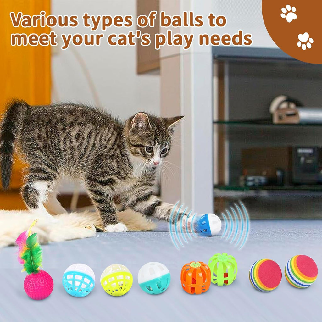 25 Pcs Cat Toys Set, Cat Tunnel Toy for Indoor Cats, Kittens | Interactive Variety Pack, 45" Rainbow Cat Tunnel, Feather Teaser, Feather Golf, Mice, Springs, Balls, Noise Toys - Colorful