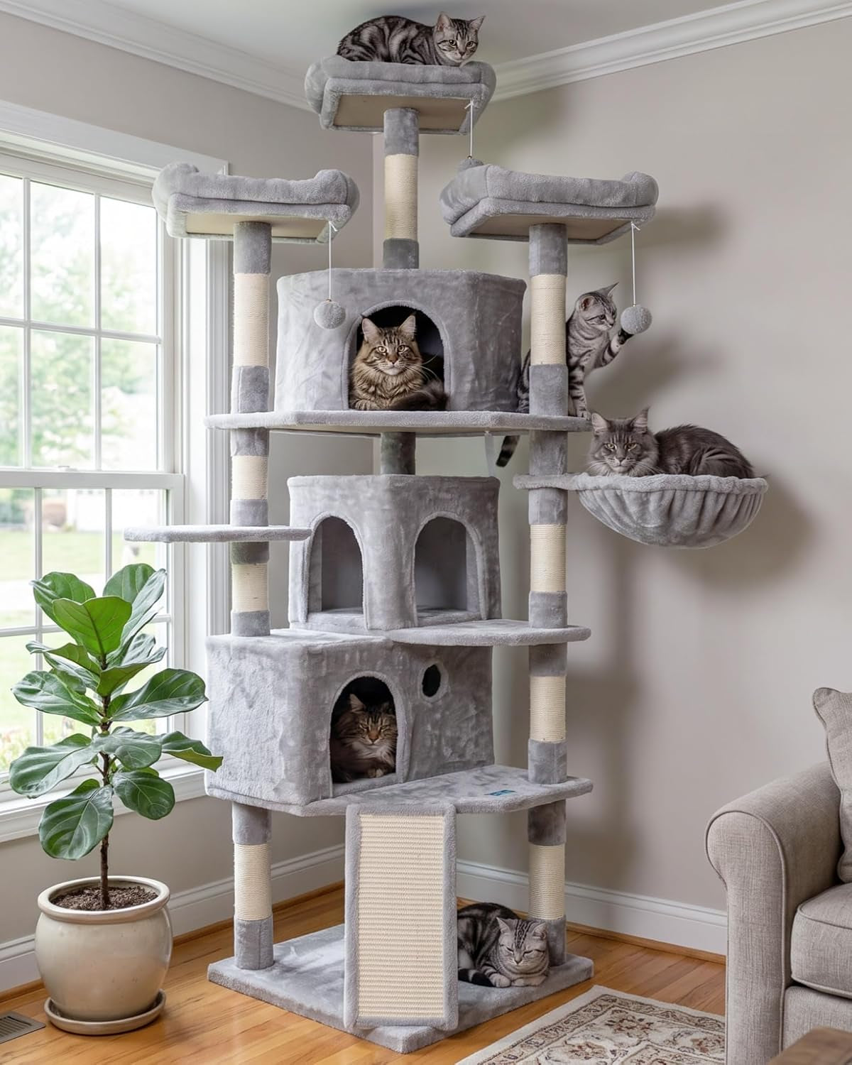 Cat Tree Tower with Multi-Level Large Condo, Platform, MPJ032W | 73.4 Inch Cat Tower with 3 Caves, 3 Cozy Perches, Scratching Posts, Board, Activity Center Stable for Indoor Cats, Light Gray