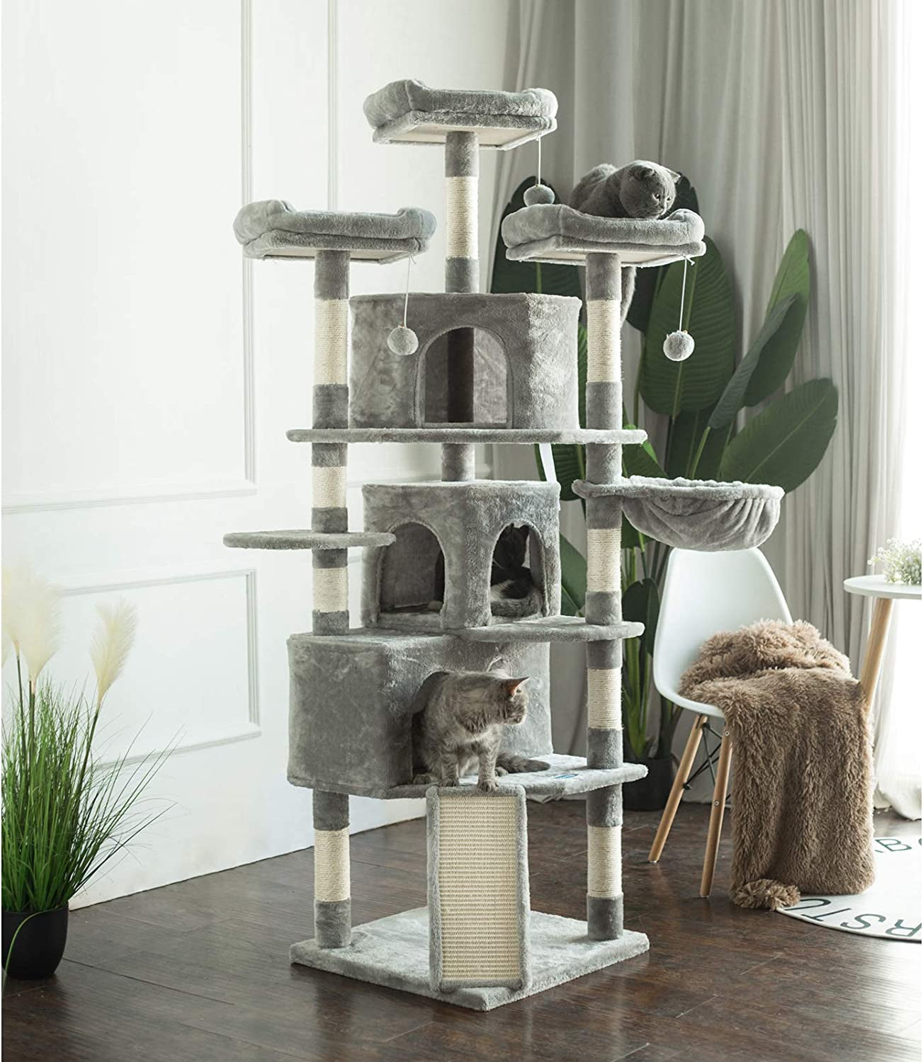 Cat Tree Tower with Multi-Level Large Condo, Platform, MPJ032W | 73.4 Inch Cat Tower with 3 Caves, 3 Cozy Perches, Scratching Posts, Board, Activity Center Stable for Indoor Cats, Light Gray