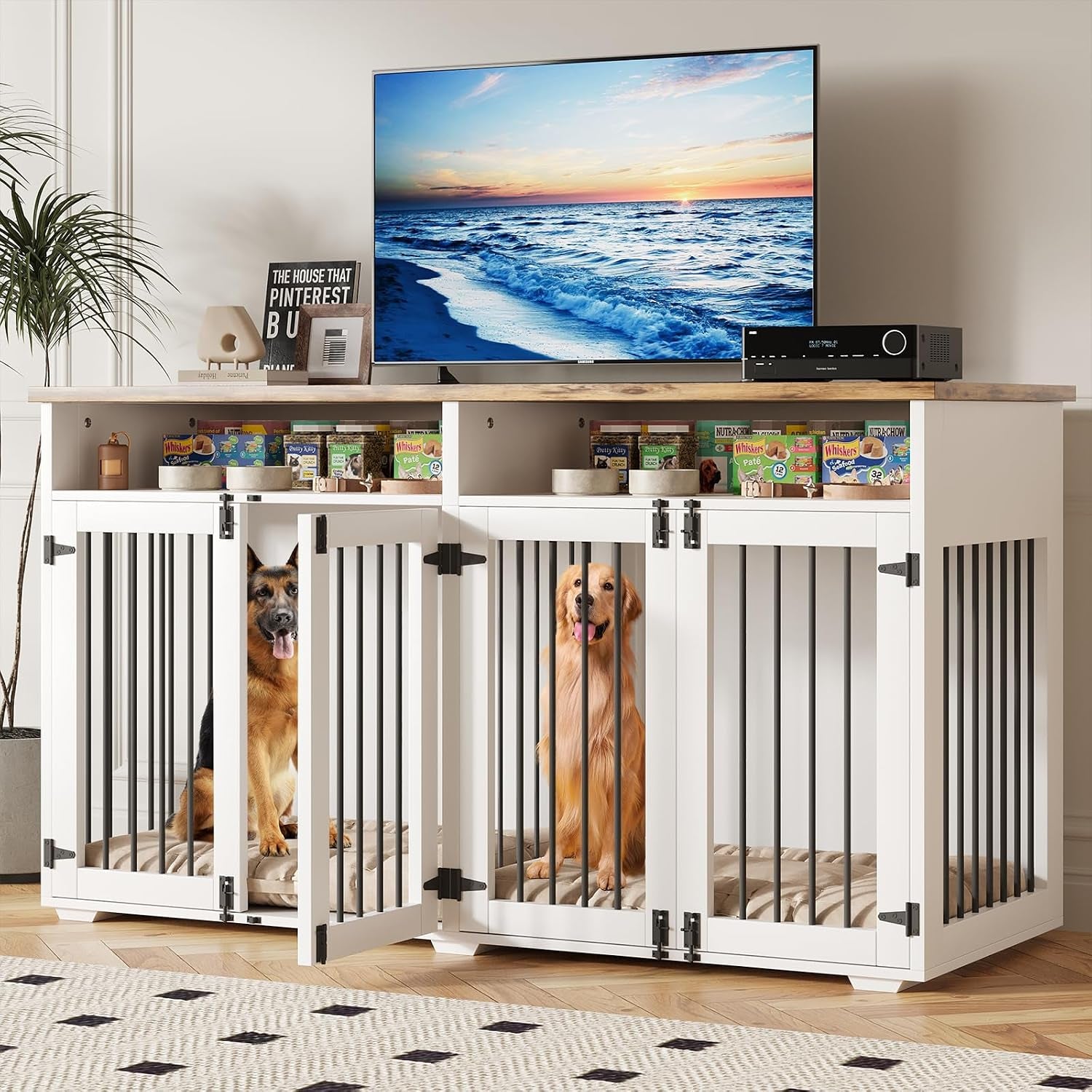 63'' Dog Crate Furniture for 2 Dogs, Wooden Dog Cage with Storage Compartment, Indoor Dog Kennel with 4 Doors for Large/Medium Dogs, White