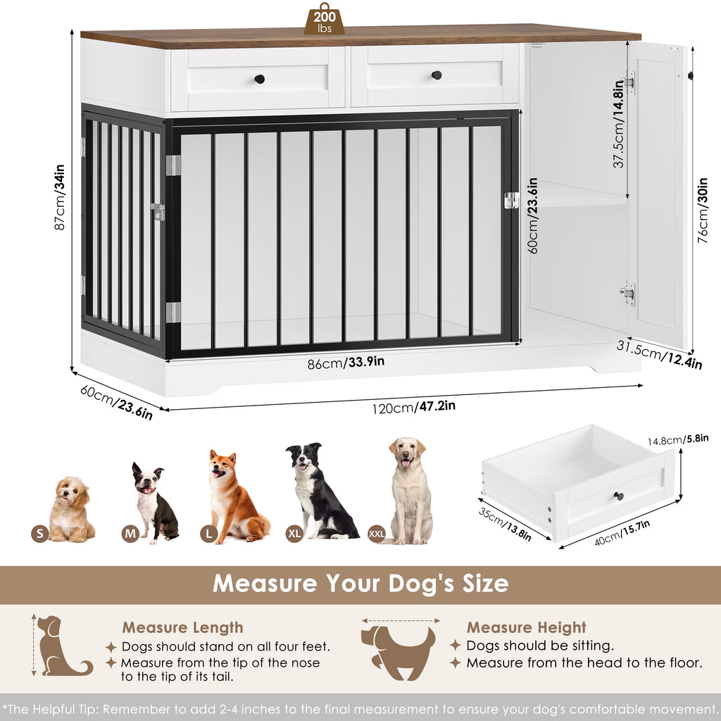 Dog Crate with Storage Cabinet and 2 Drawers, Indoor Furniture Style Wooden Large Dog Kennel, White