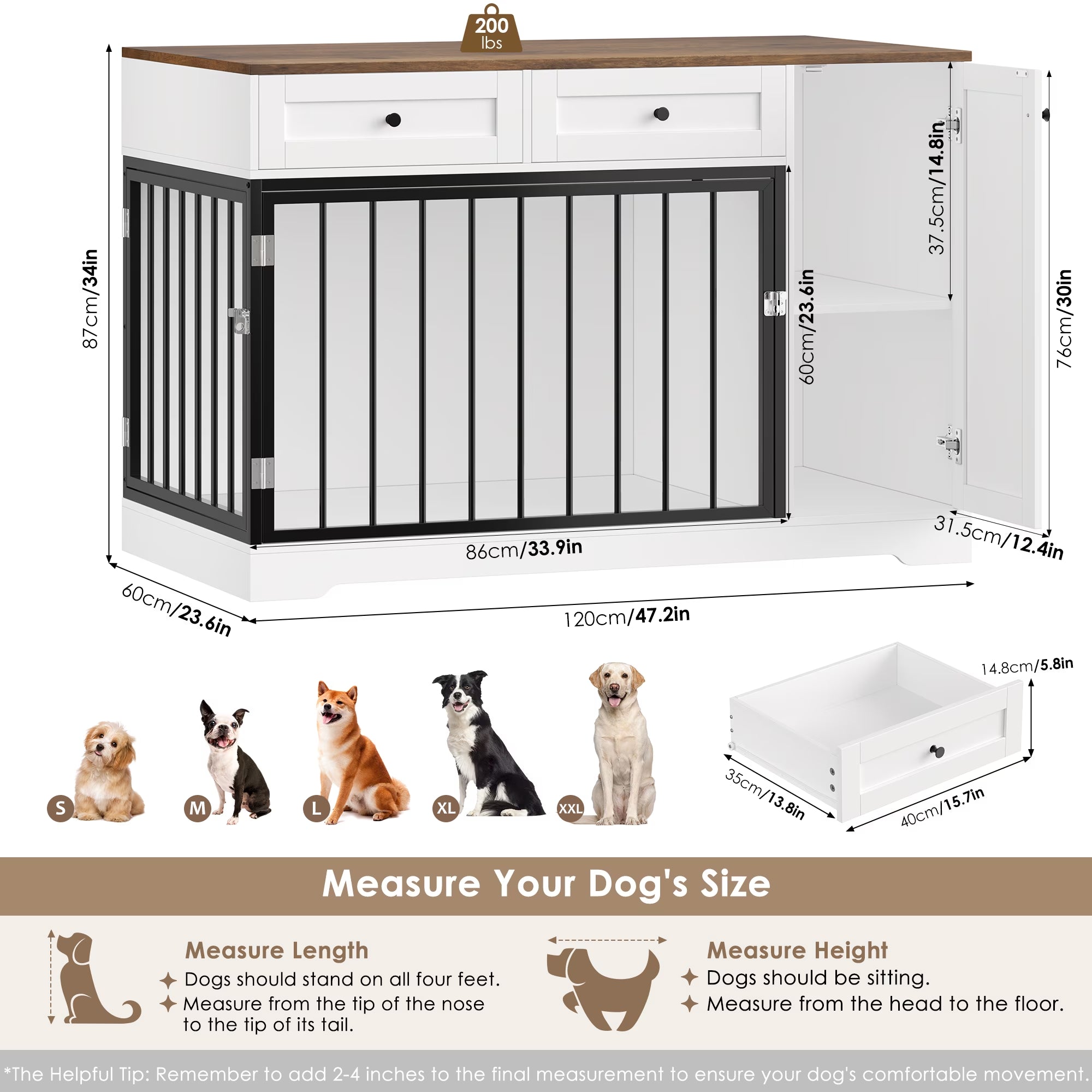 Dog Crate with Storage Cabinet and 2 Drawers, Indoor Furniture Style Wooden Large Dog Kennel, White