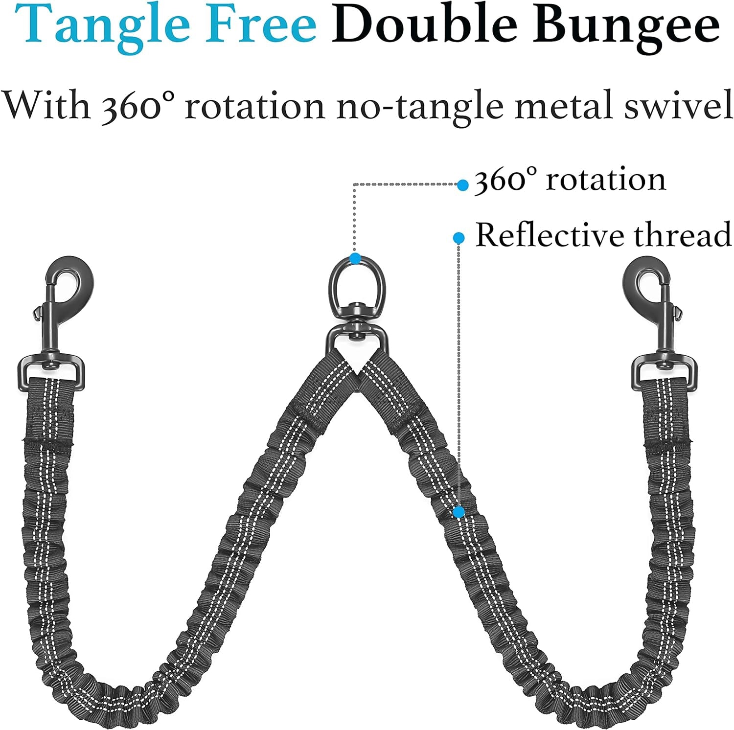 Double Dog Leash, 360° Swivel, No Tangle, Large, 25-150 Lbs, Black | Dual Leash for Two Dogs, Split Leash, Shock-Absorbing Bungee, Padded Handle, Heavy-Duty Rope