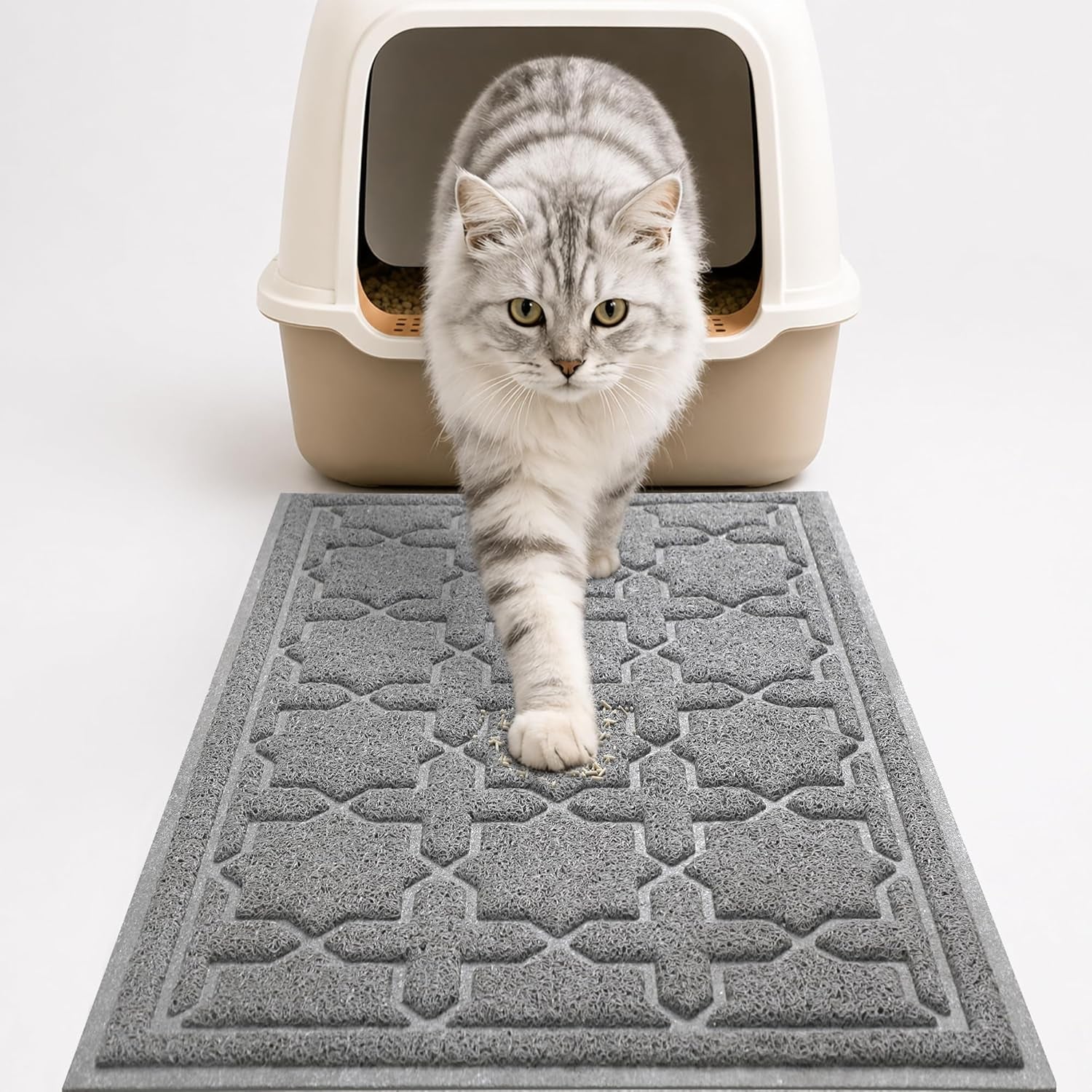 Cat Litter Mat, Easy Clean Trapping PVC Mat, 35.4" X 23.6", Waterproof Backing, Non Slip Bottom, Scatter Control Pad for Litter Box, Dark Grey