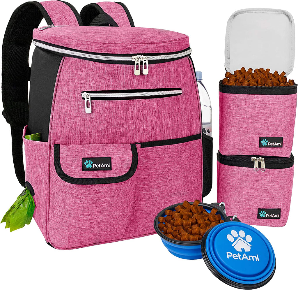 Dog Travel Backpack 27L Airline Approved Pet Supplies Bag, Pink | Cat Traveling Suitcase Organizer for Weekend Road Trip Camping; 2 Food Containers, 2 Collapsible Bowls & Poop Bag Dispenser